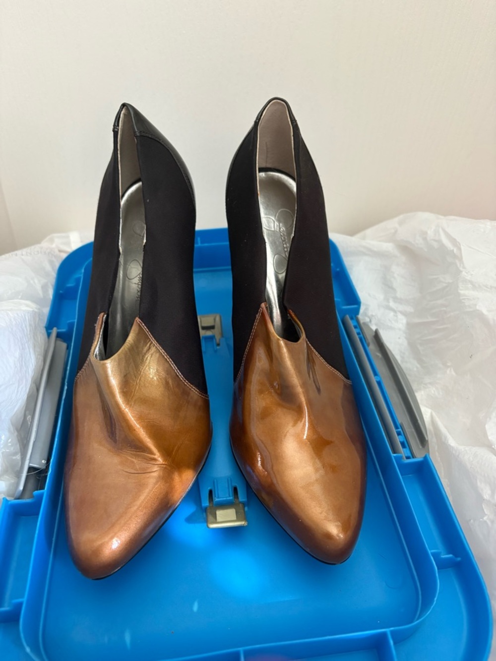 Jessica Simpson Copper and Black Pointed Toe Slip-On Heels